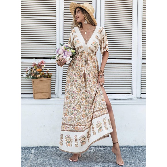 ❗️  Floral Print Trumpet Sleeve Split Thigh Tassel Waist maxi Dress boho pink - Picture 6 of 6